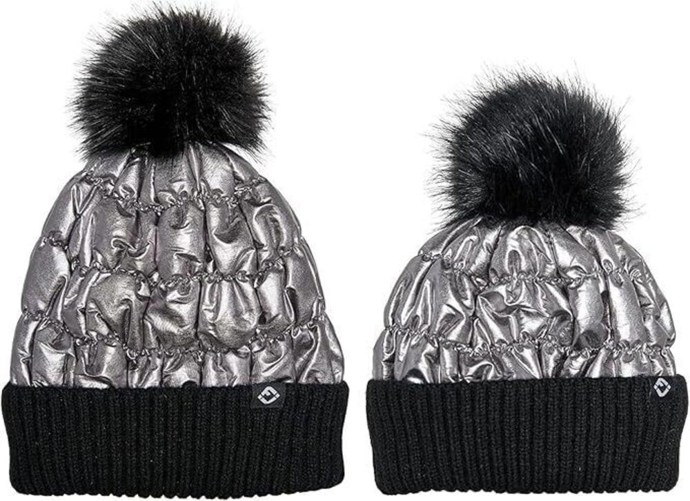 6039 Matching 2 Pack Mommy & Me Puffer Faux Fur Pom Pom Beanie